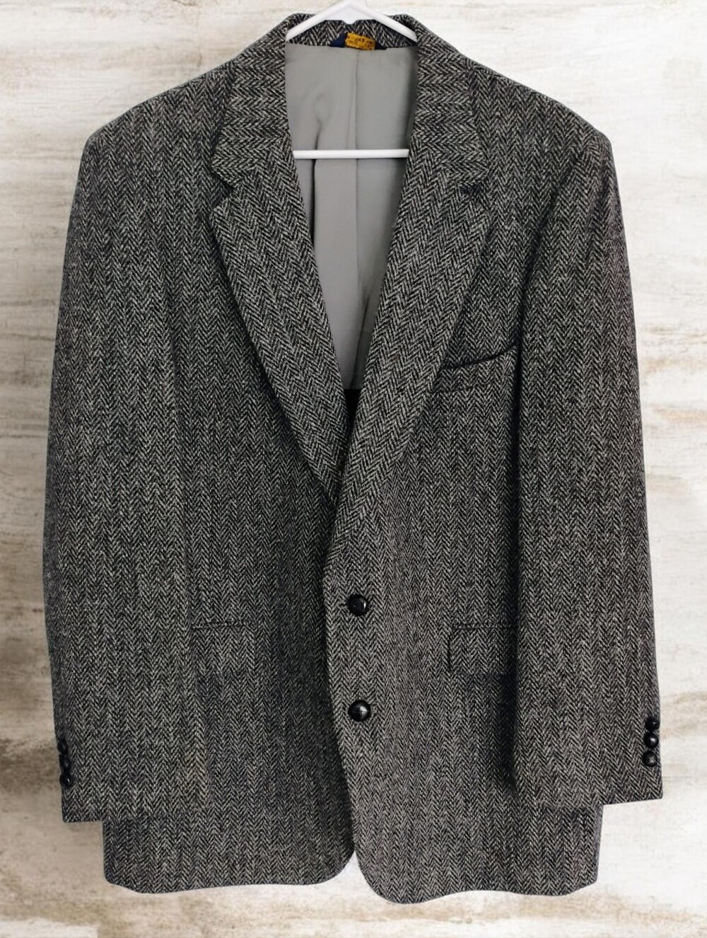 VTG Harris Tweed 100% Pure Wool Blazer Classic Grey Herringbone Excellent 46L